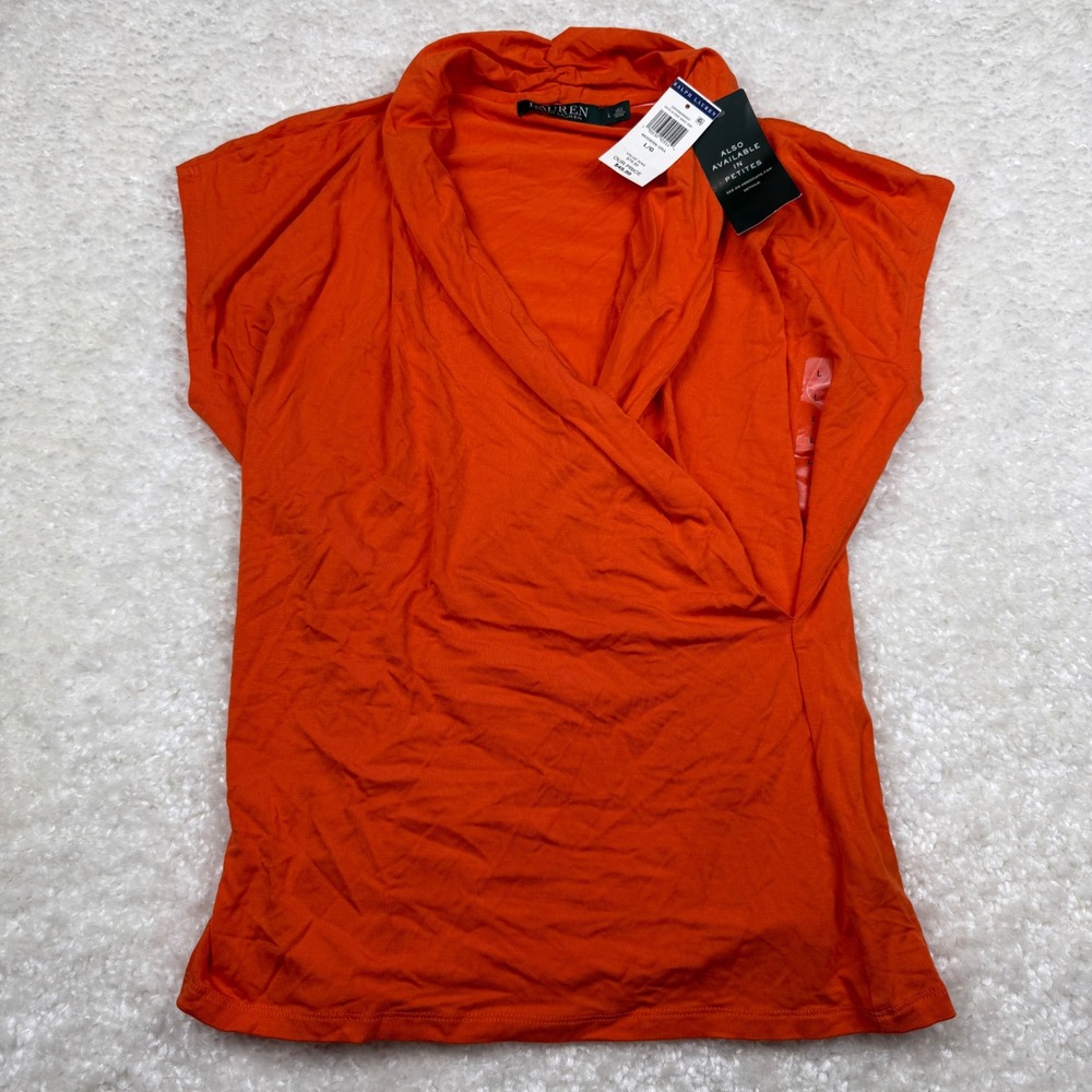 Lauren Ralph Lauren Surplice Top Women Large Orange Sleeveless Stretch Knit NWT